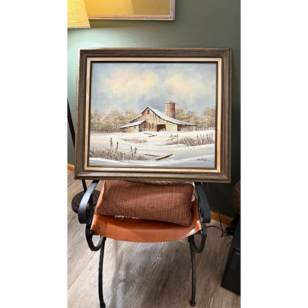 Calder Signed Original Oil Painting Winter Barn Snow Landscape Framed 1970s
